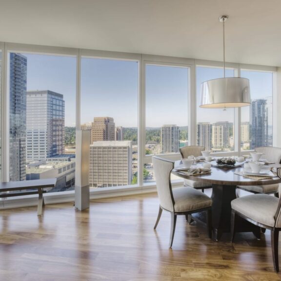 A luxury condo room overlooking a skyline